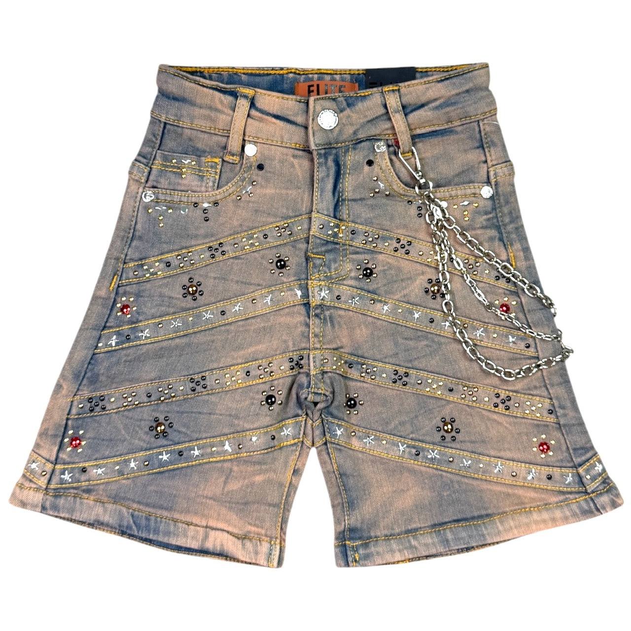 Pyramids Vintage Wash Kids Rhinestones Denim Shorts