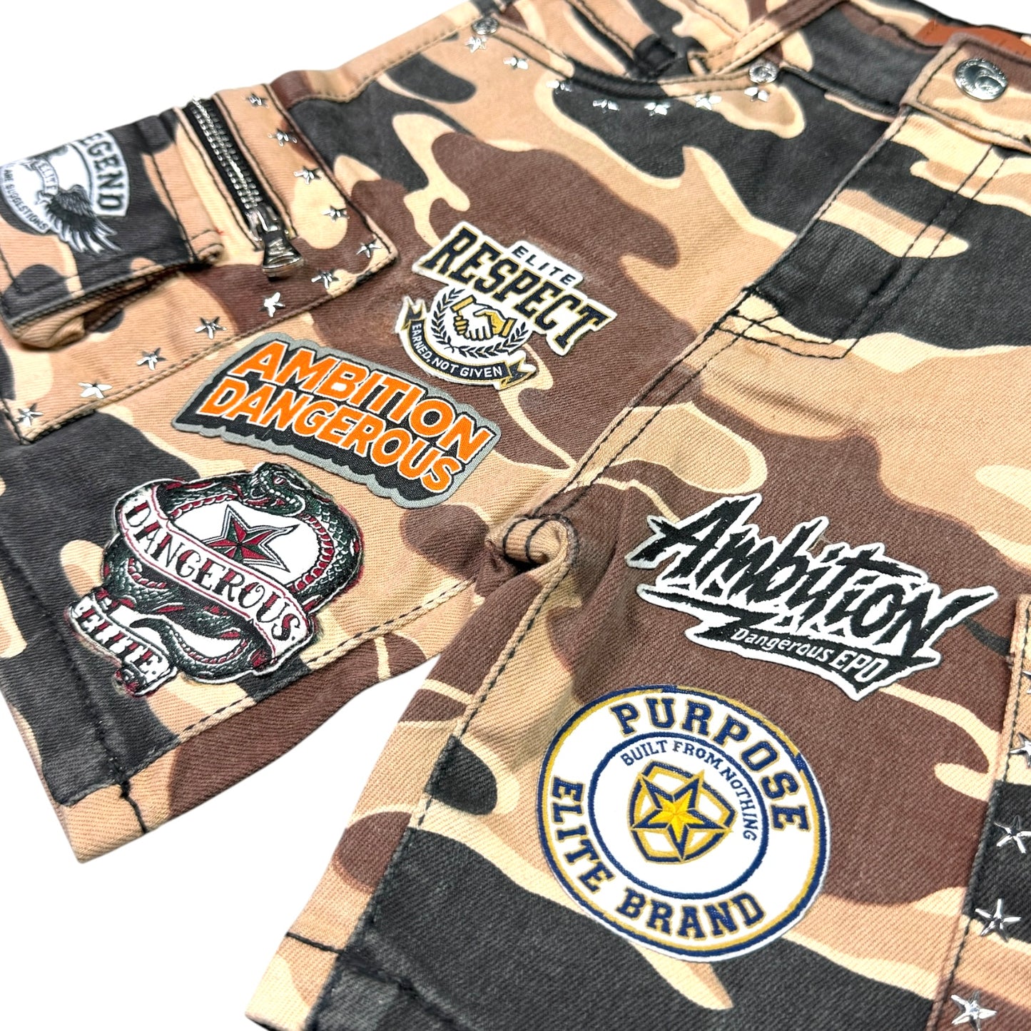 A12 Patch Work Brown Army Kids Denim Shorts