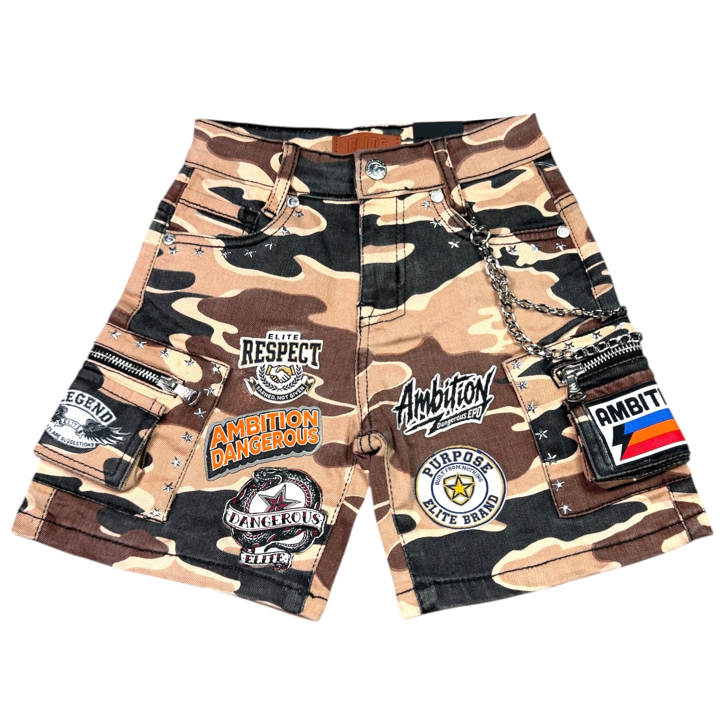 A12 Patch Work Brown Army Kids Denim Shorts