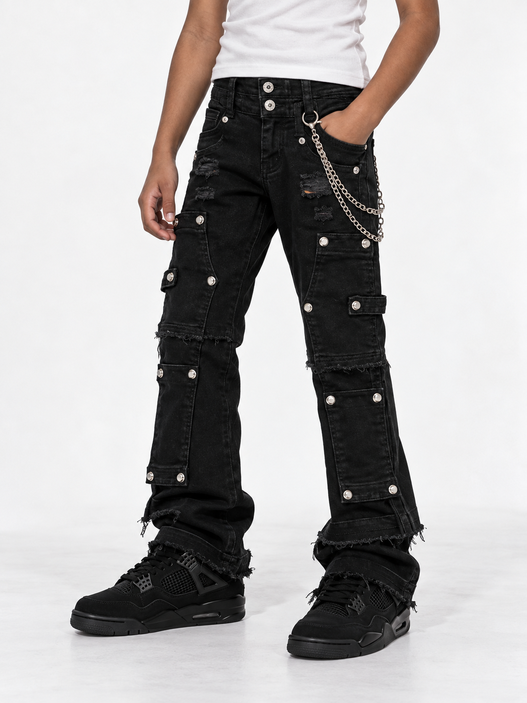 Double Waist Jet Black Padded Kids Denim Jeans