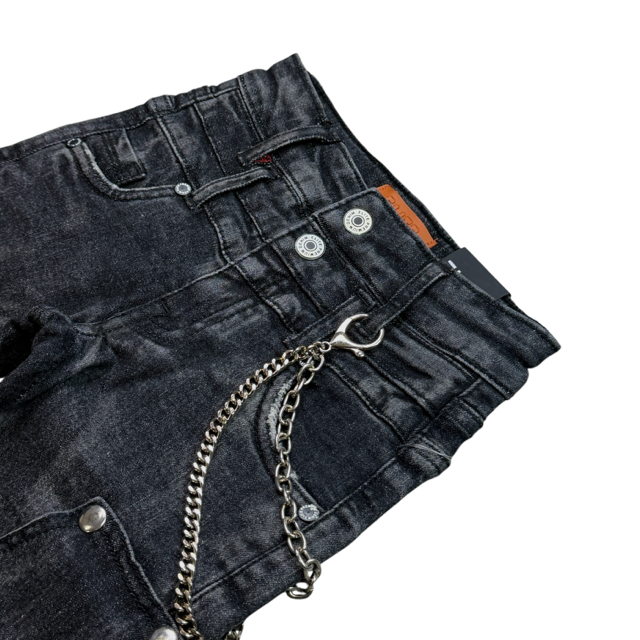 Padded Black Washed Denim Men's Flare Jeans + Chain