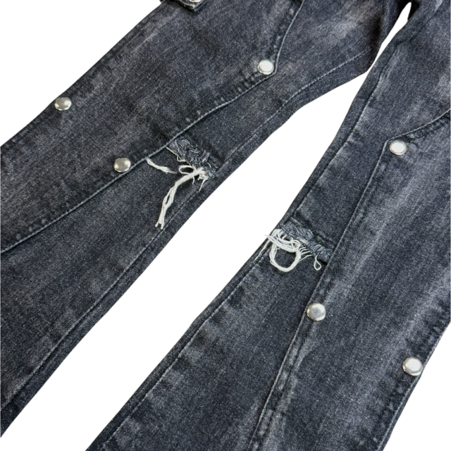 Padded Black Washed Denim Men's Flare Jeans + Chain