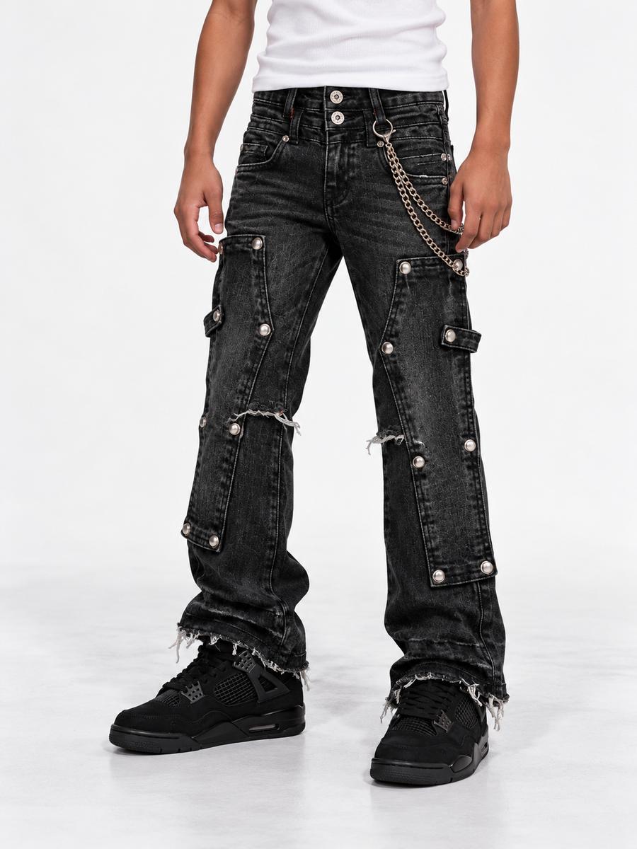 Double Waist Faded Black Padded Kids Denim Jeans