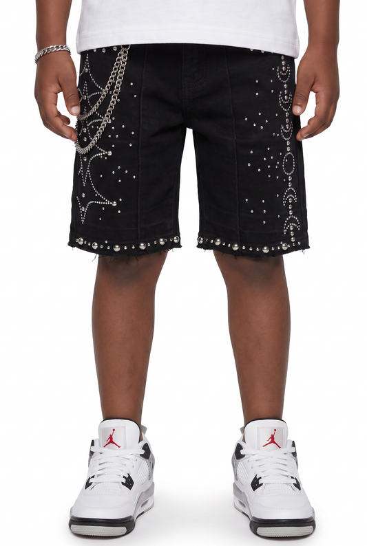 Jet Black Moon Phase Kids Rhinestones Denim Shorts