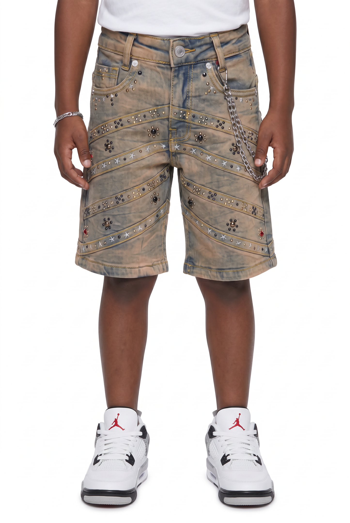 Pyramids Vintage Wash Kids Rhinestones Denim Shorts