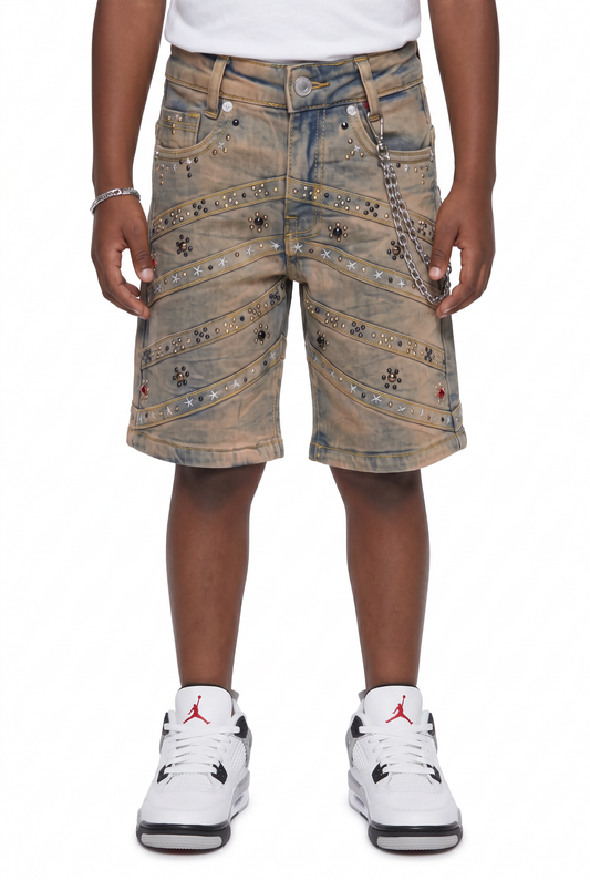 Pyramids Vintage Wash Kids Rhinestones Denim Shorts