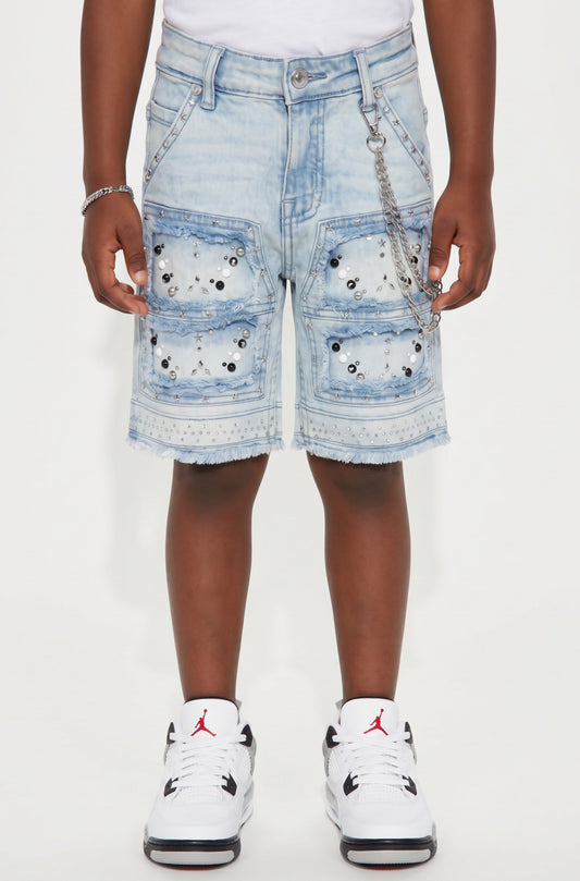Flint Light Blue Wash Kids Rhinestones Denim Shorts