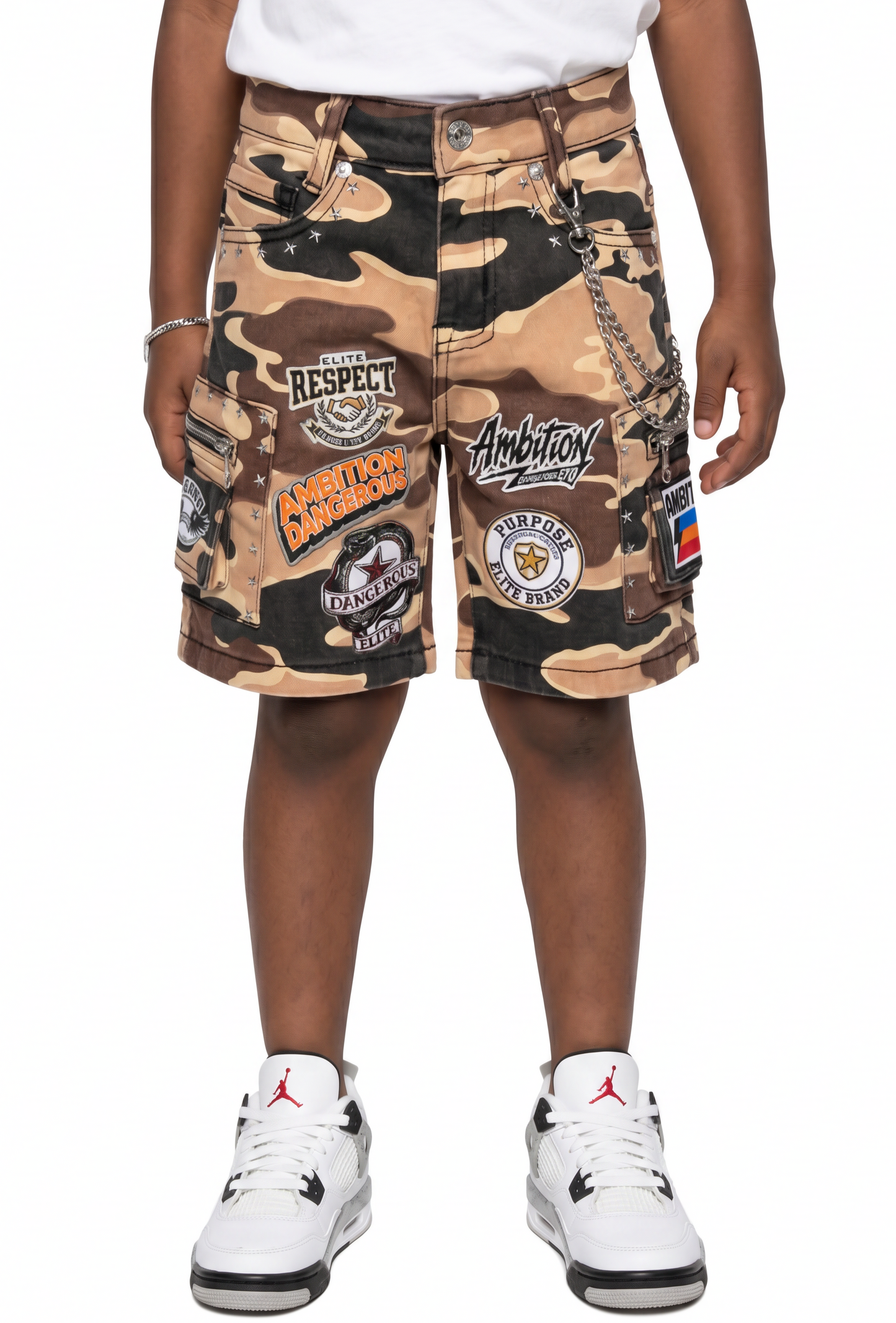 A12 Patch Work Brown Army Kids Denim Shorts