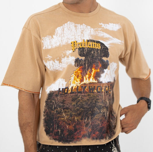 PRBLMS Tan Rhinestone Cropped Premium Mens Tee