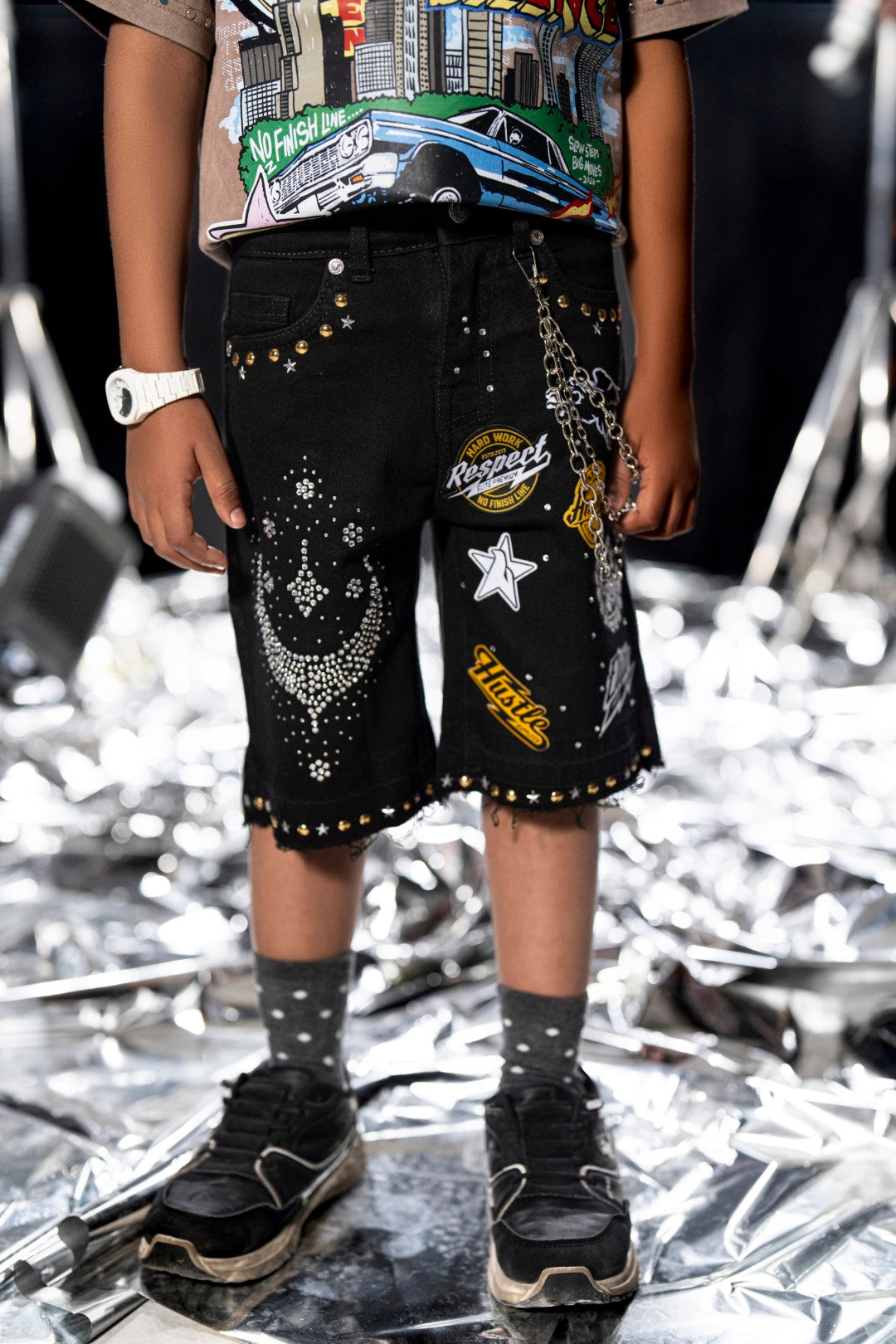 Night Sky Black Kids Rhinestones Denim Shorts