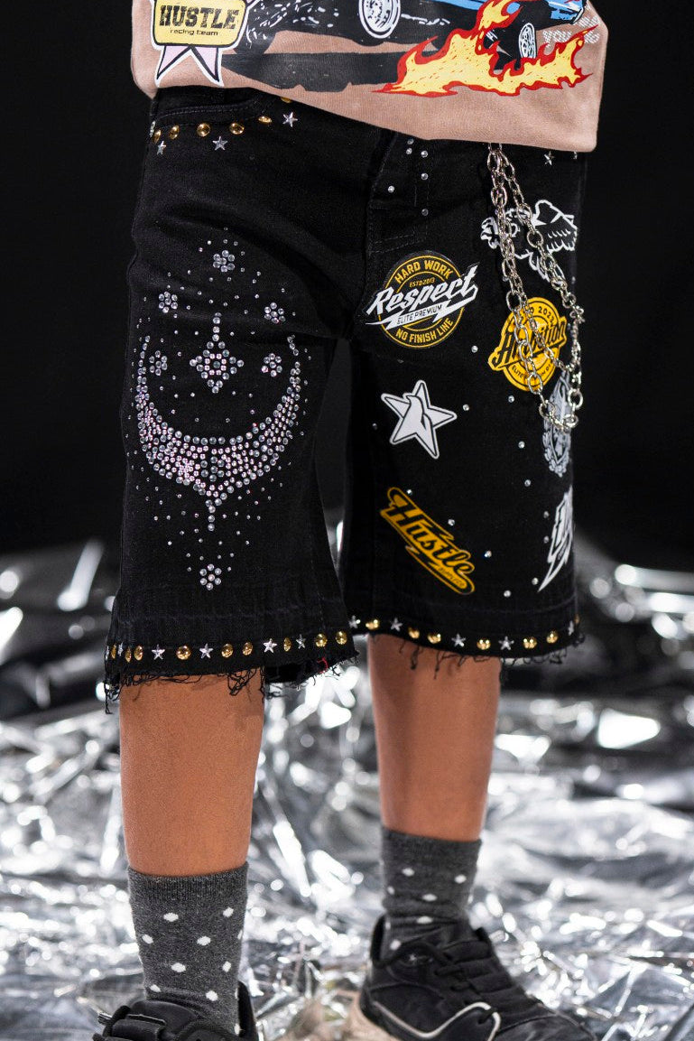 Night Sky Black Kids Rhinestones Denim Shorts