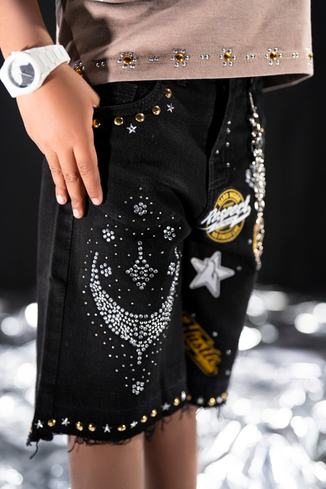Night Sky Black Kids Rhinestones Denim Shorts