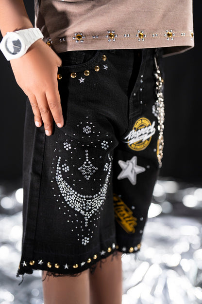 Night Sky Black Kids Rhinestones Denim Shorts