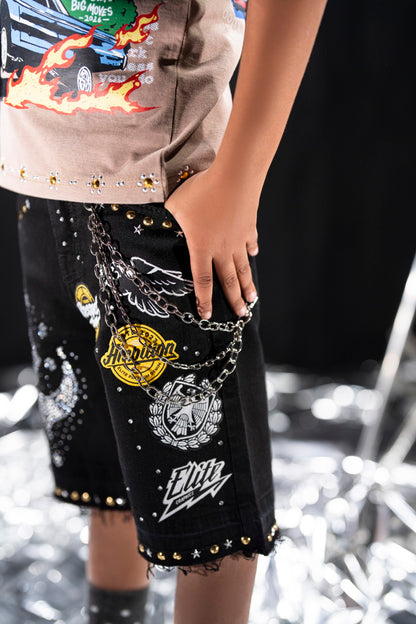Night Sky Black Kids Rhinestones Denim Shorts