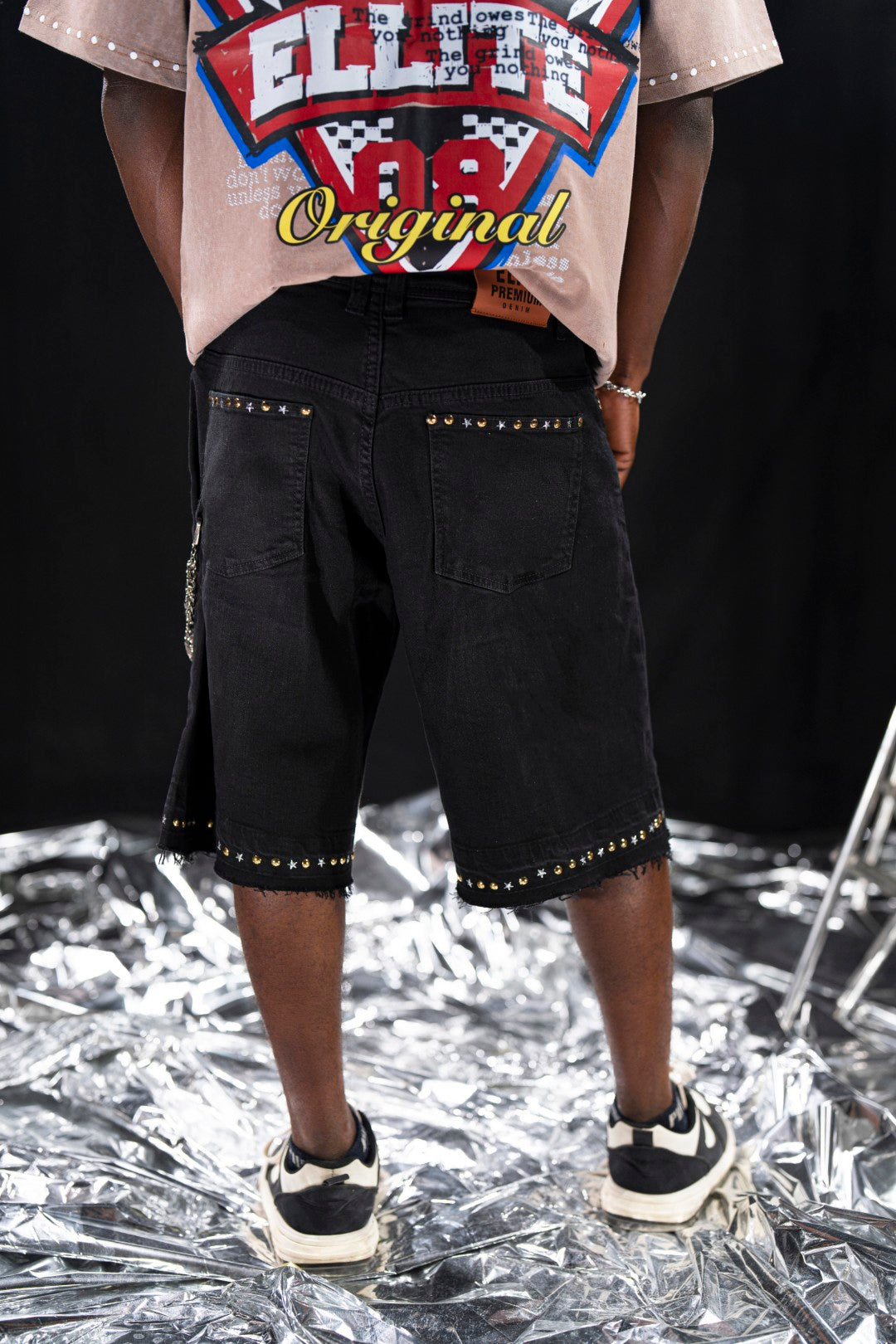 Night Sky Rhinestones Black Mens Denim Shorts + Chain