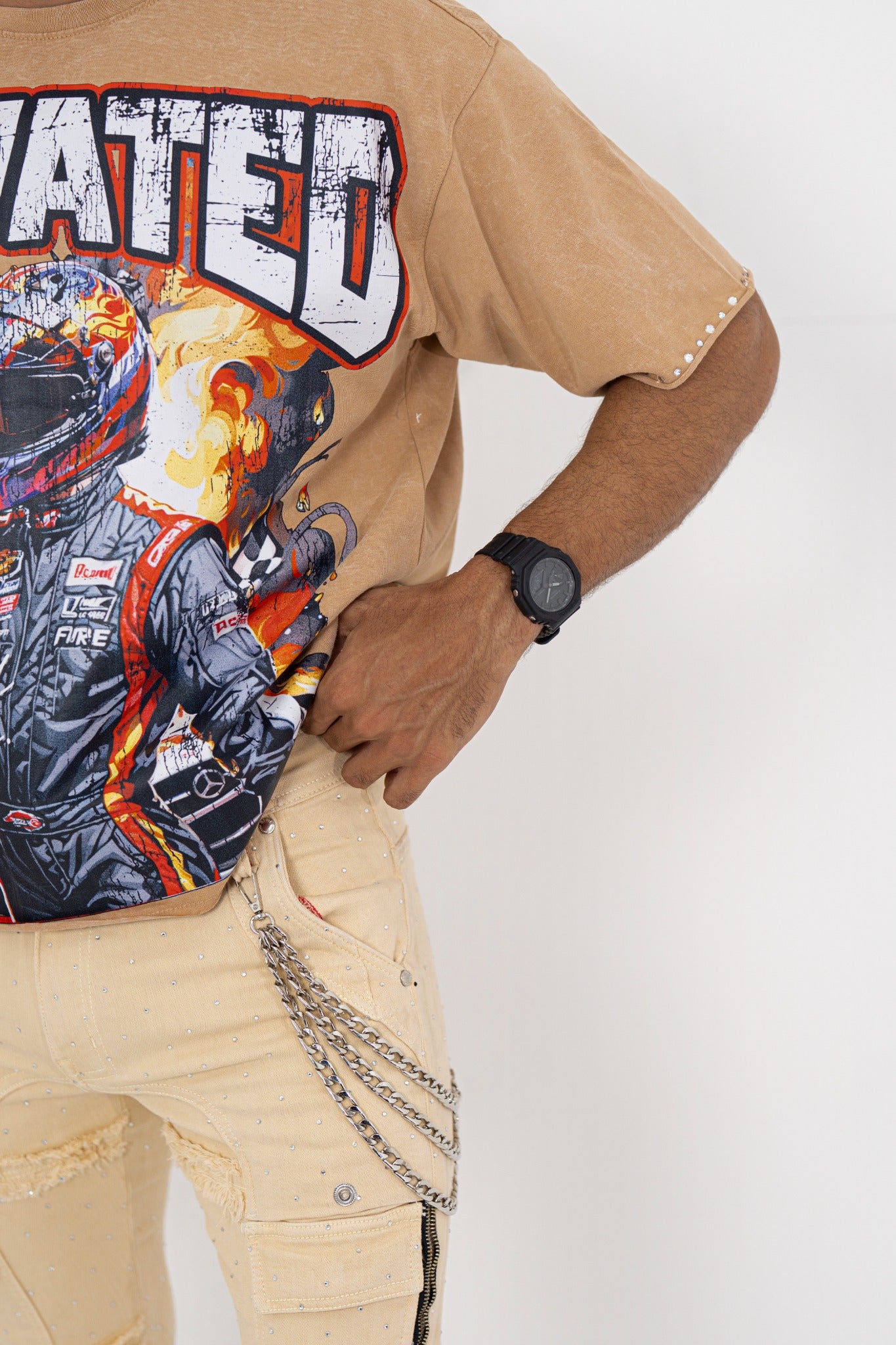 Elevated Rhinestone Cropped Premium Mens Tee Tan