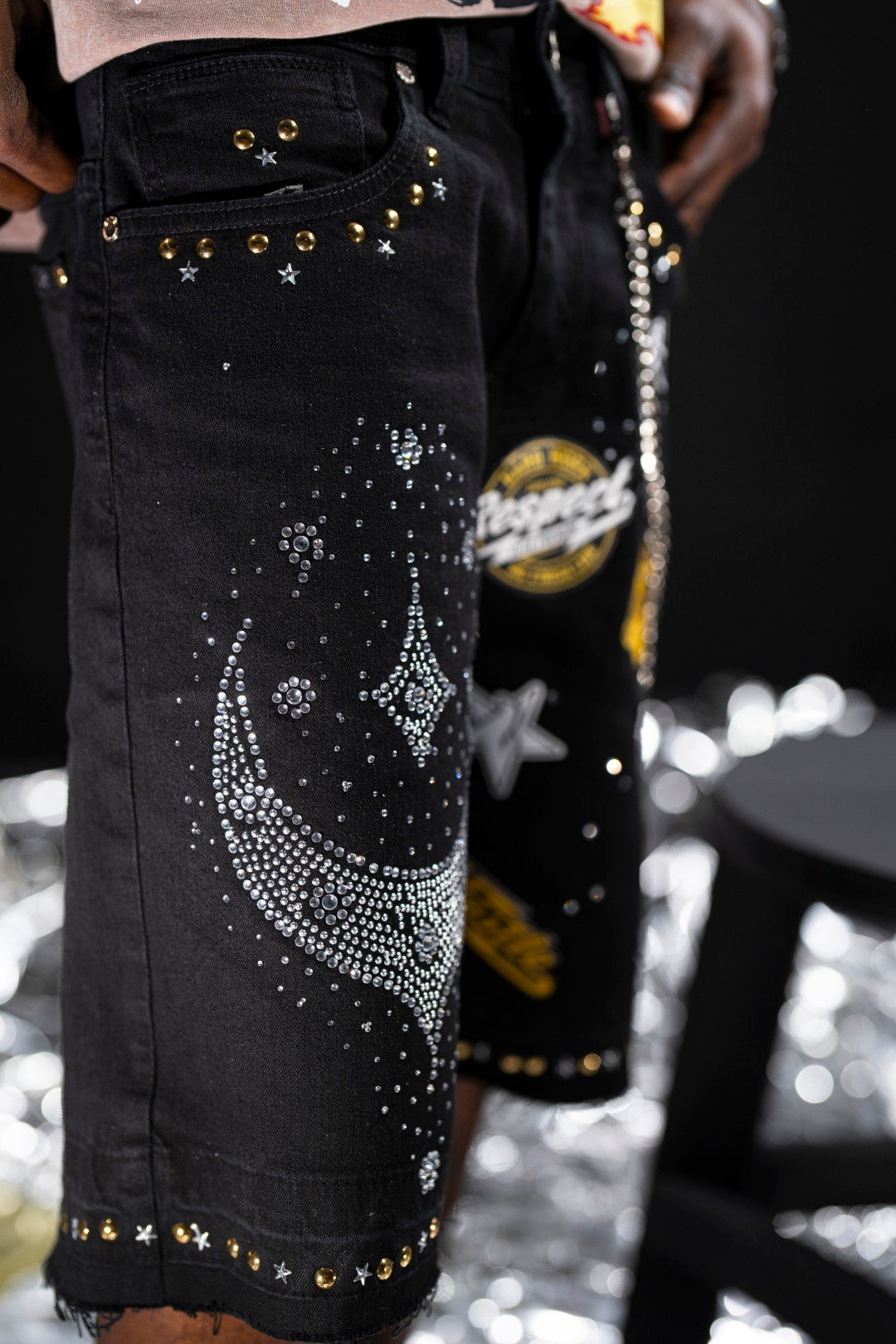 Night Sky Rhinestones Black Mens Denim Shorts + Chain