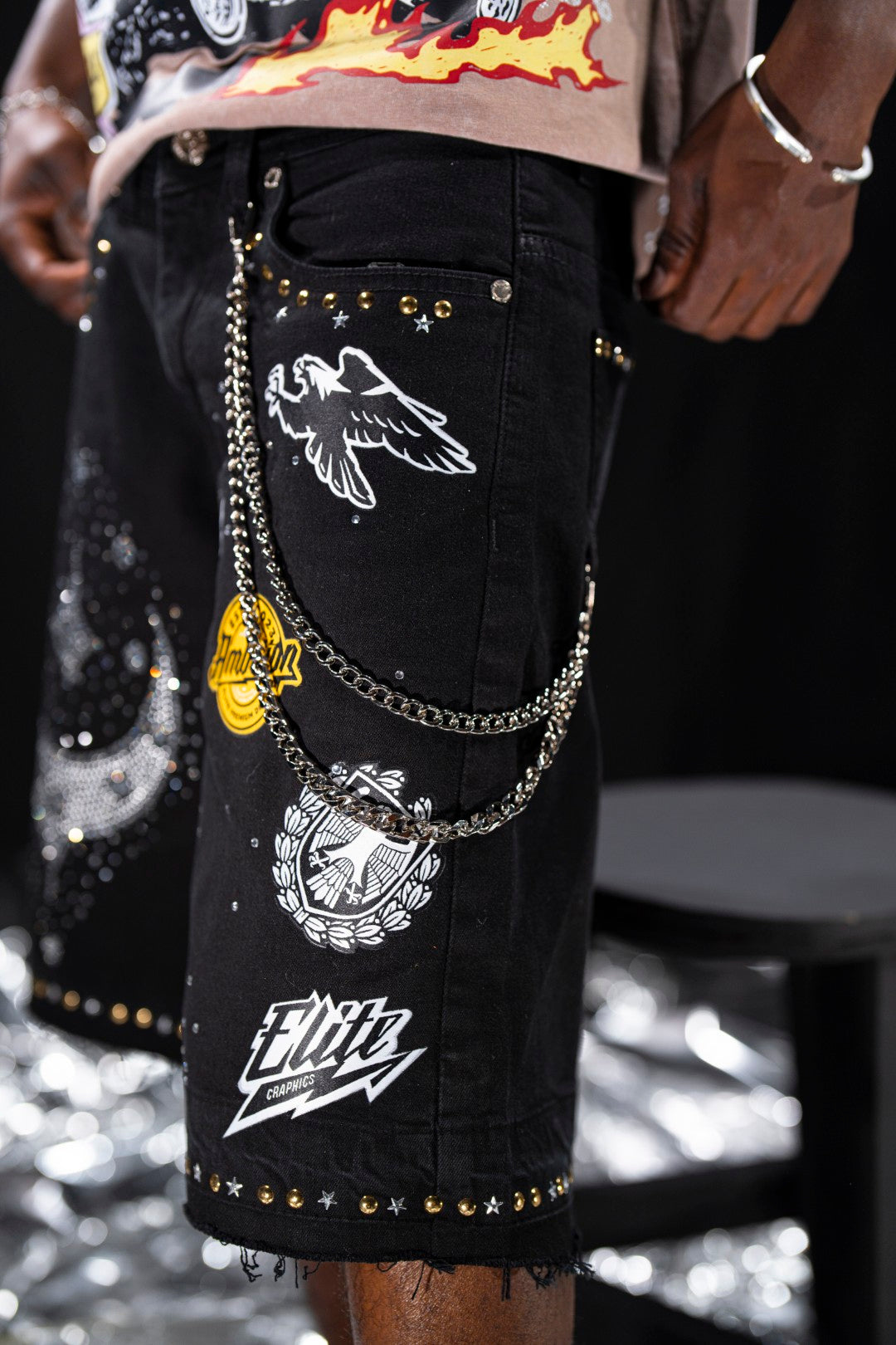 Night Sky Rhinestones Black Mens Denim Shorts + Chain