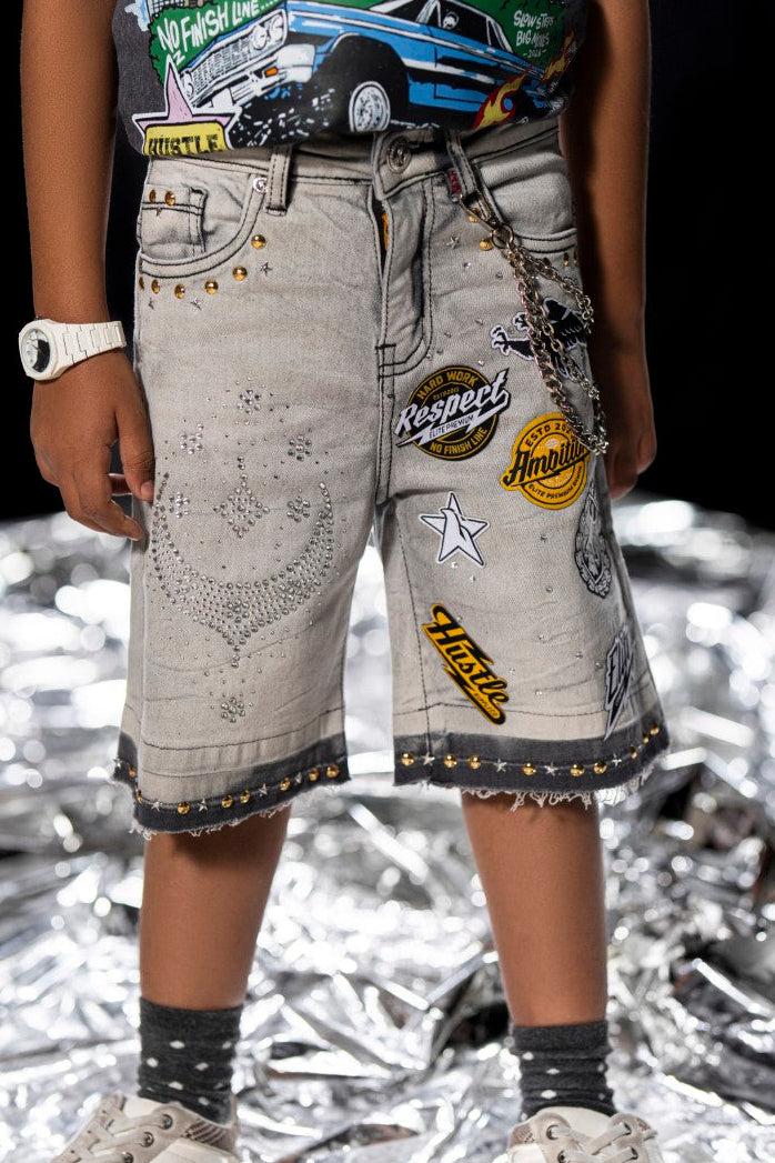 Night Sky Grey Kids Rhinestones Denim Shorts