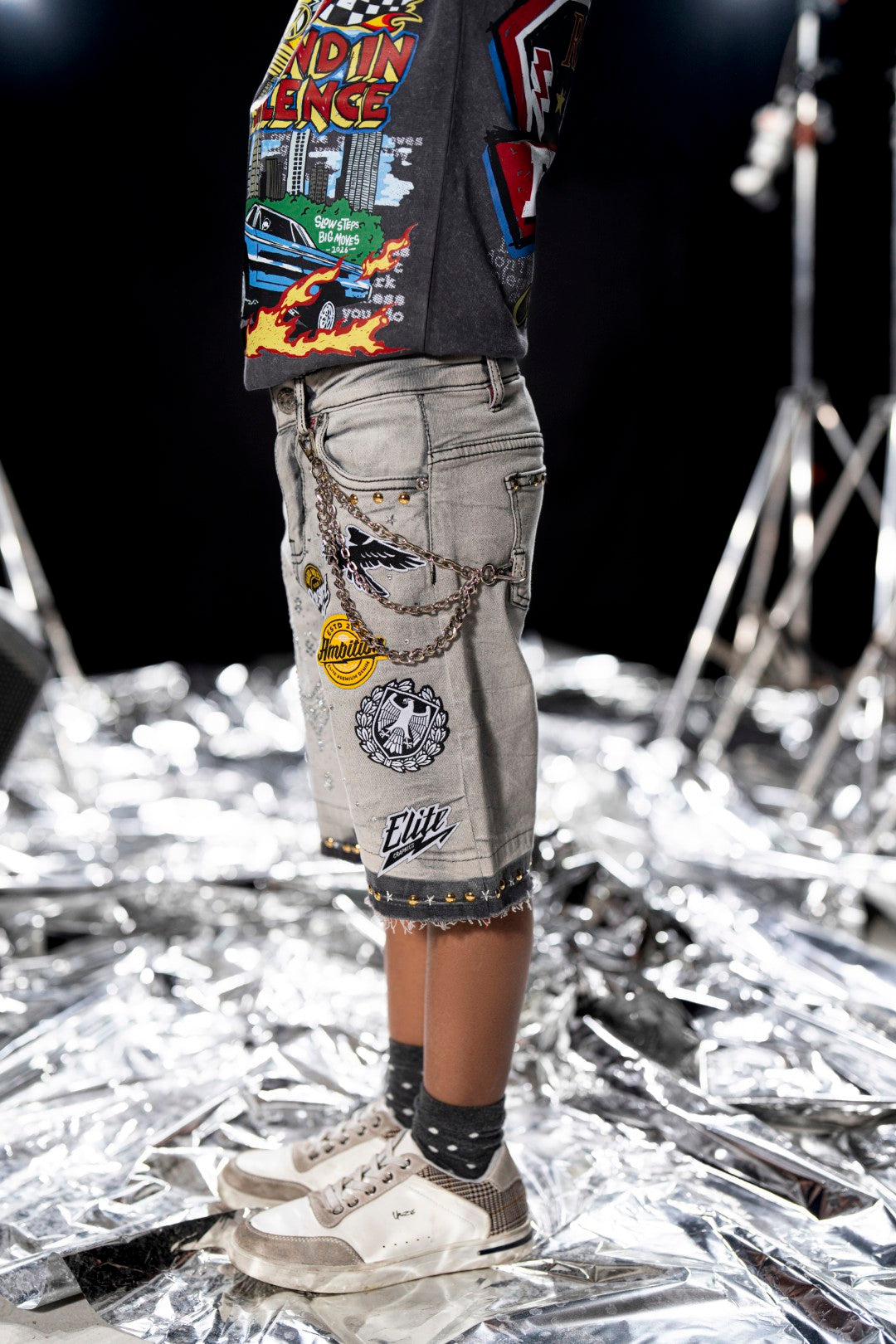 Night Sky Grey Kids Rhinestones Denim Shorts