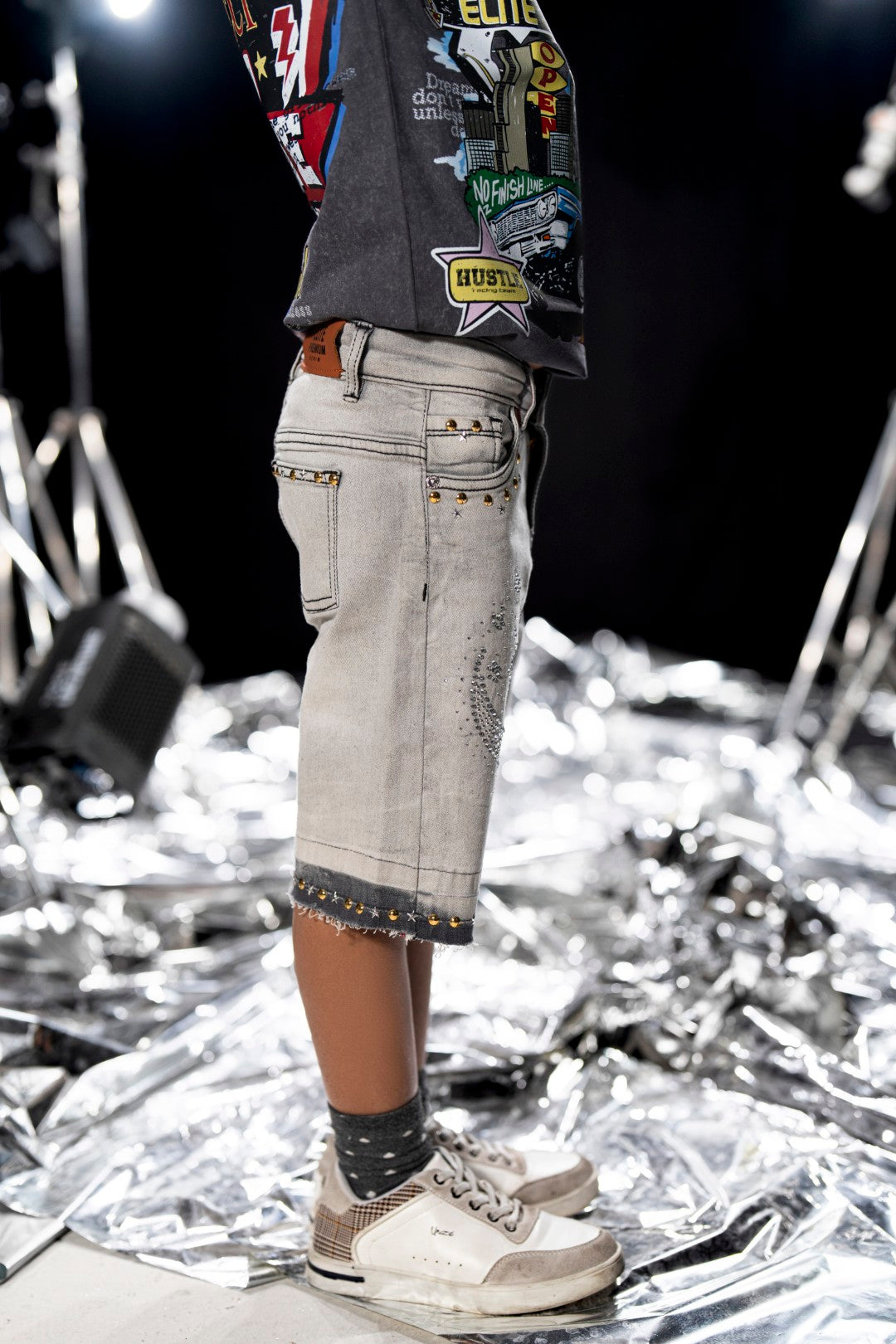 Night Sky Grey Kids Rhinestones Denim Shorts