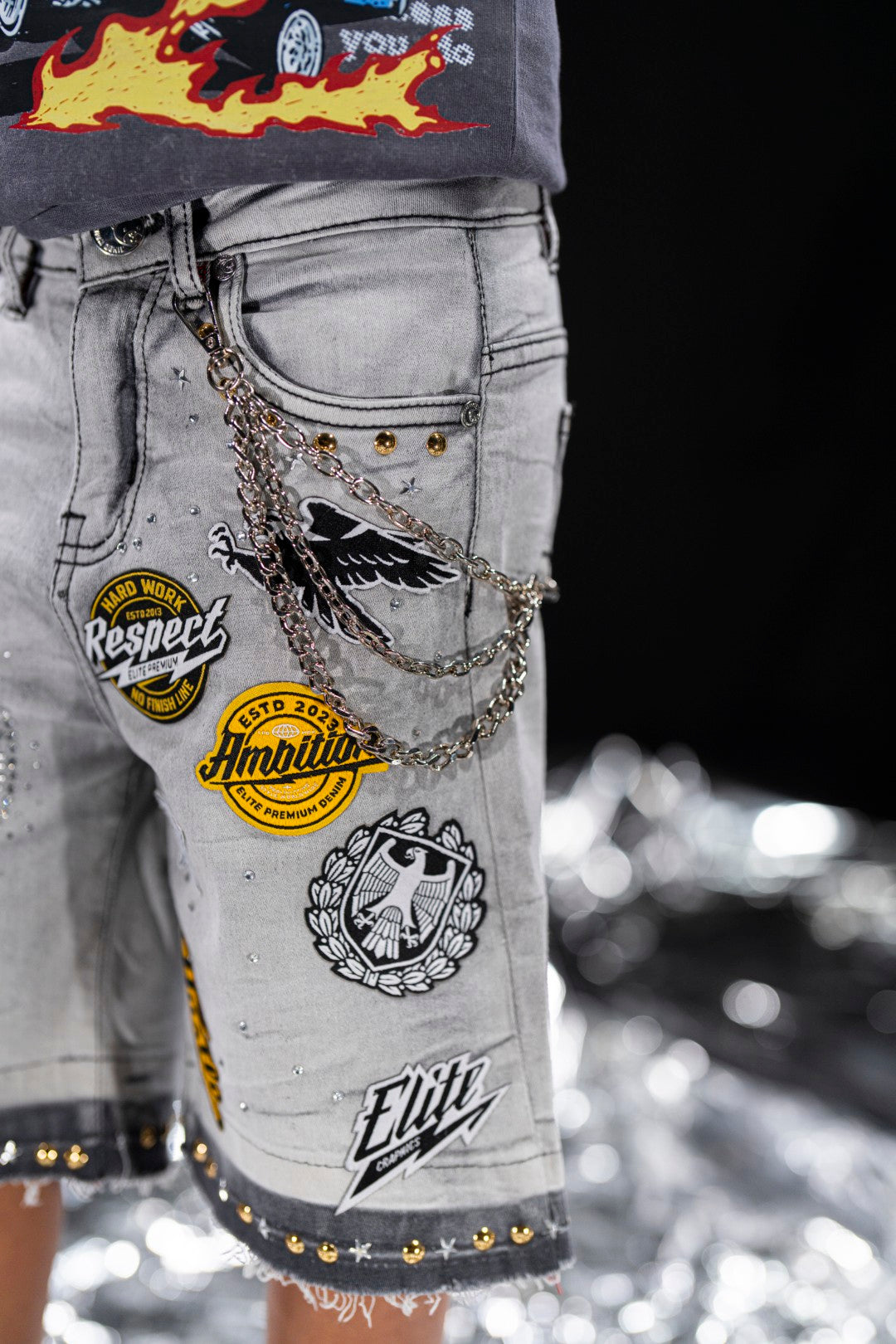 Night Sky Grey Kids Rhinestones Denim Shorts