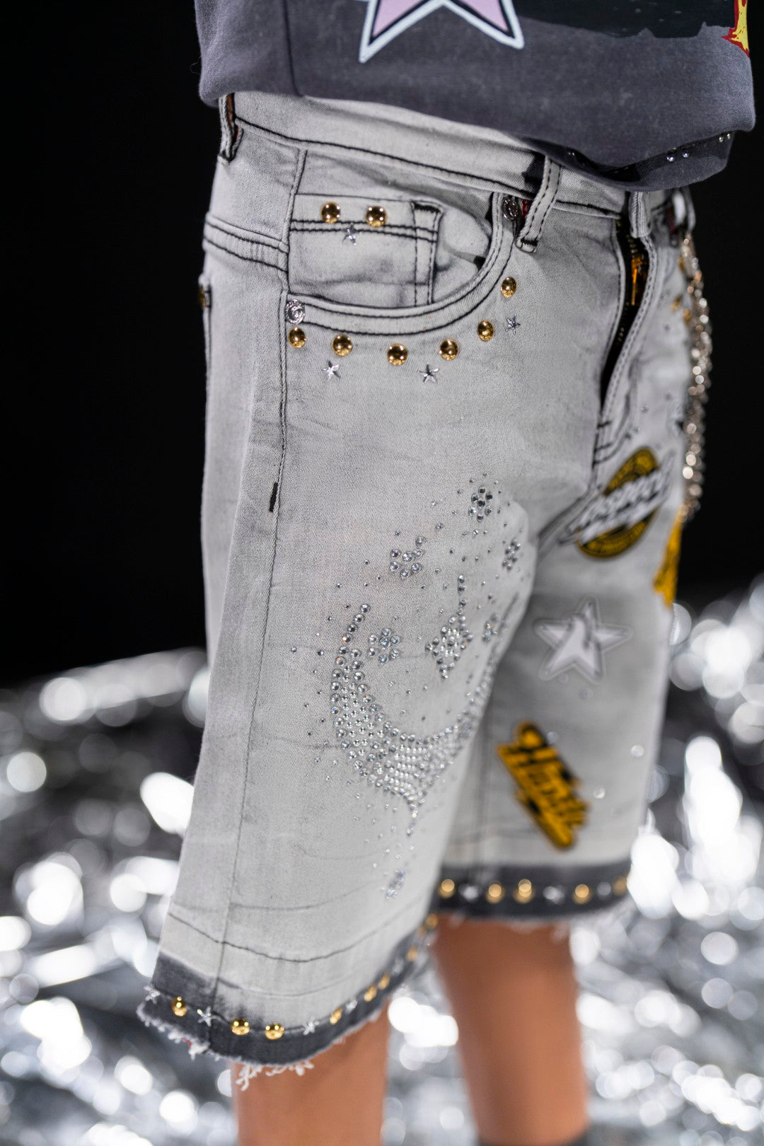 Night Sky Grey Kids Rhinestones Denim Shorts