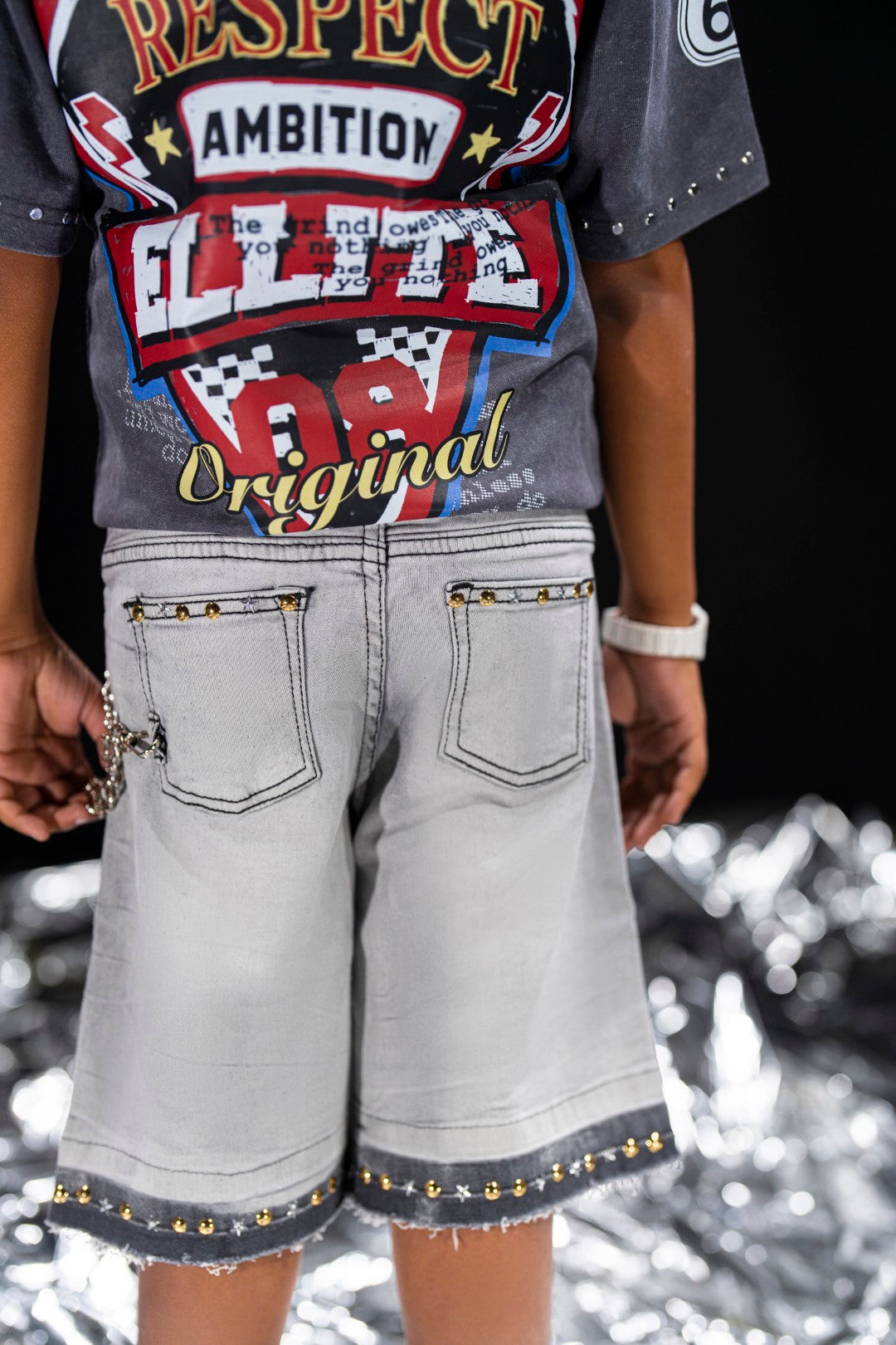 Night Sky Grey Kids Rhinestones Denim Shorts