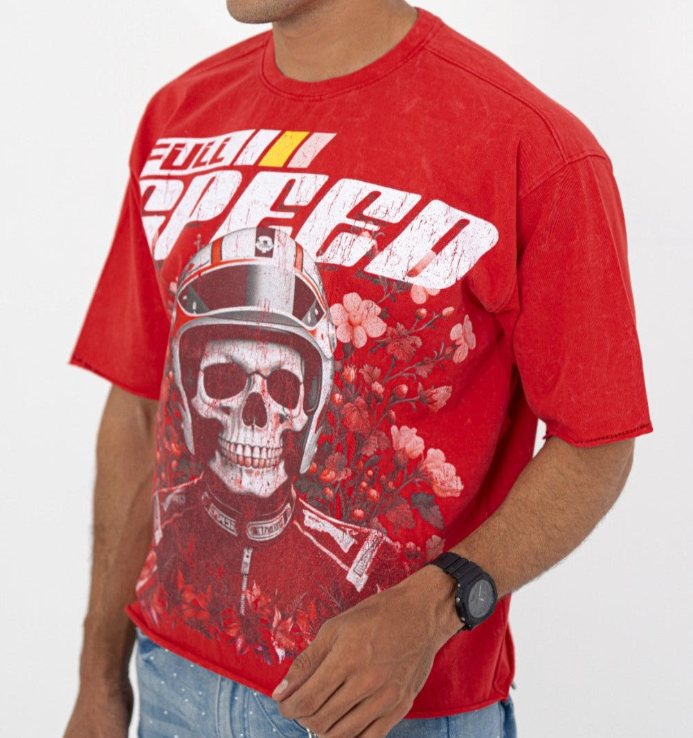 Full Speed Red Rhinestone Cropped Premium Mens Tee