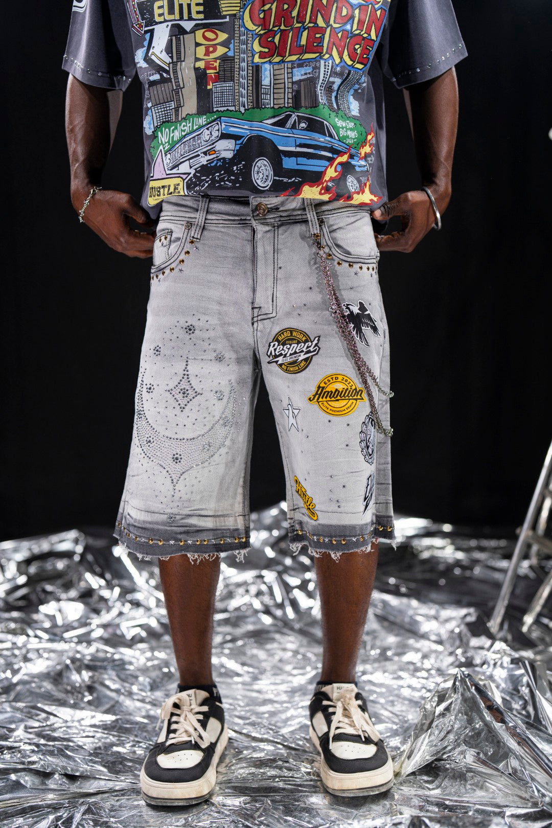 Night Sky Rhinestones Grey Mens Denim Shorts + Chain
