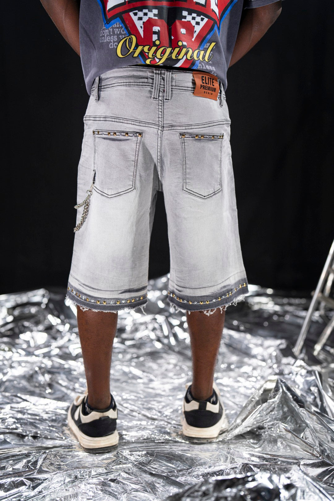 Night Sky Rhinestones Grey Mens Denim Shorts + Chain