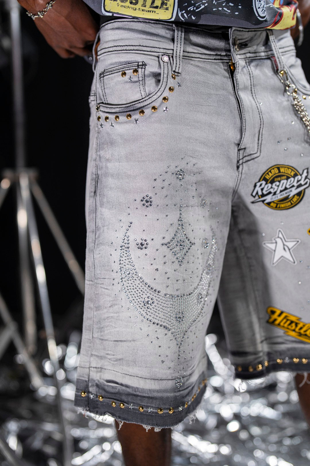 Night Sky Rhinestones Grey Mens Denim Shorts + Chain