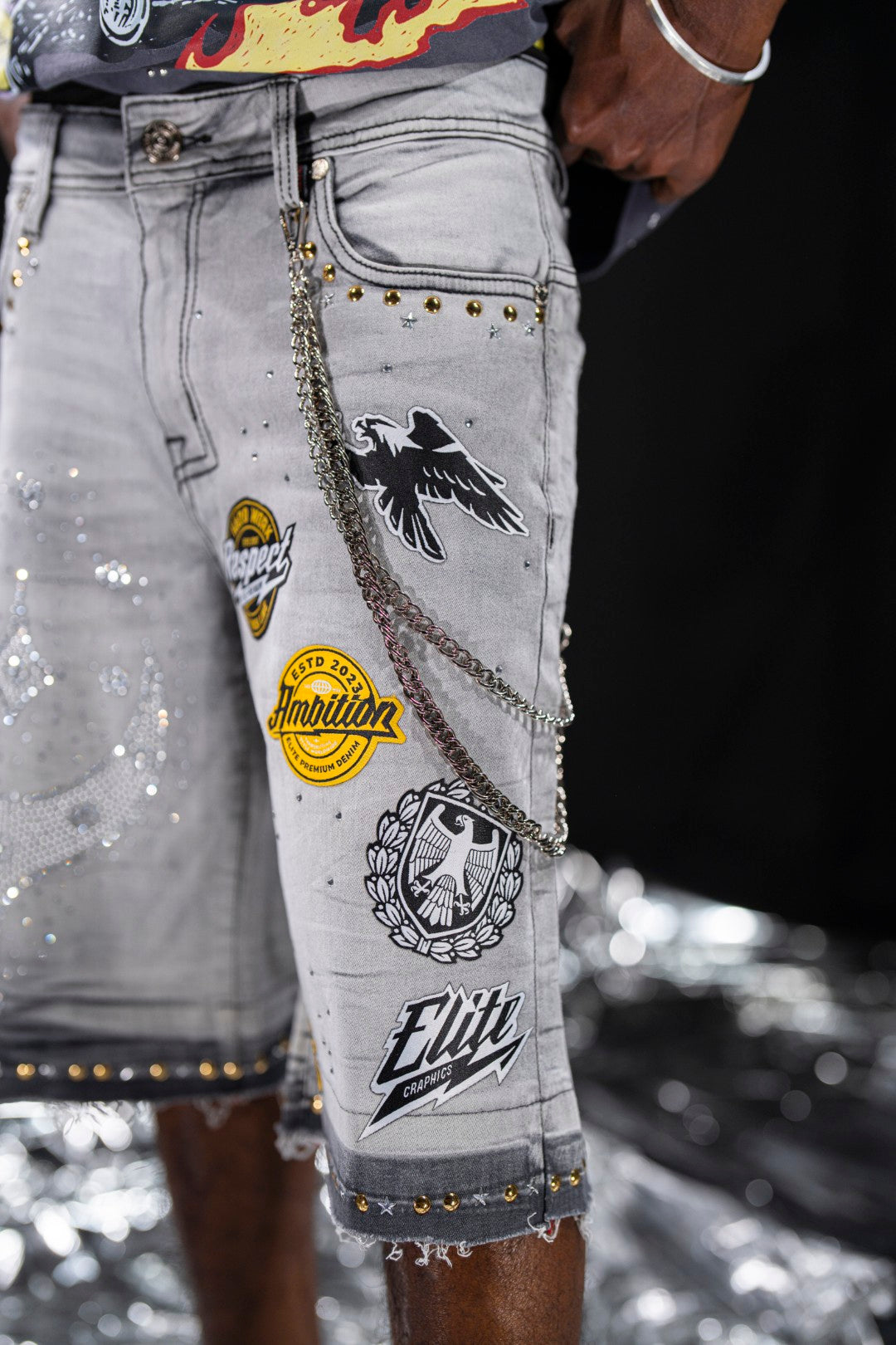 Night Sky Rhinestones Grey Mens Denim Shorts + Chain