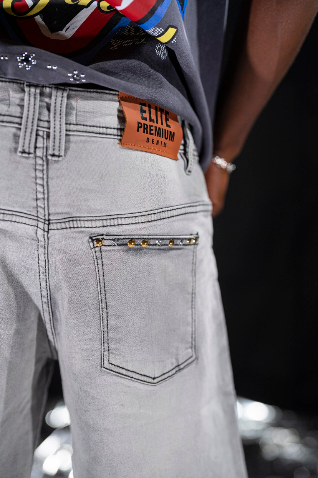 Night Sky Rhinestones Grey Mens Denim Shorts + Chain