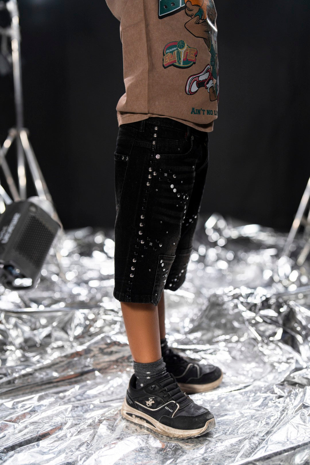 Movie Star Black Kids Rhinestones Denim Shorts