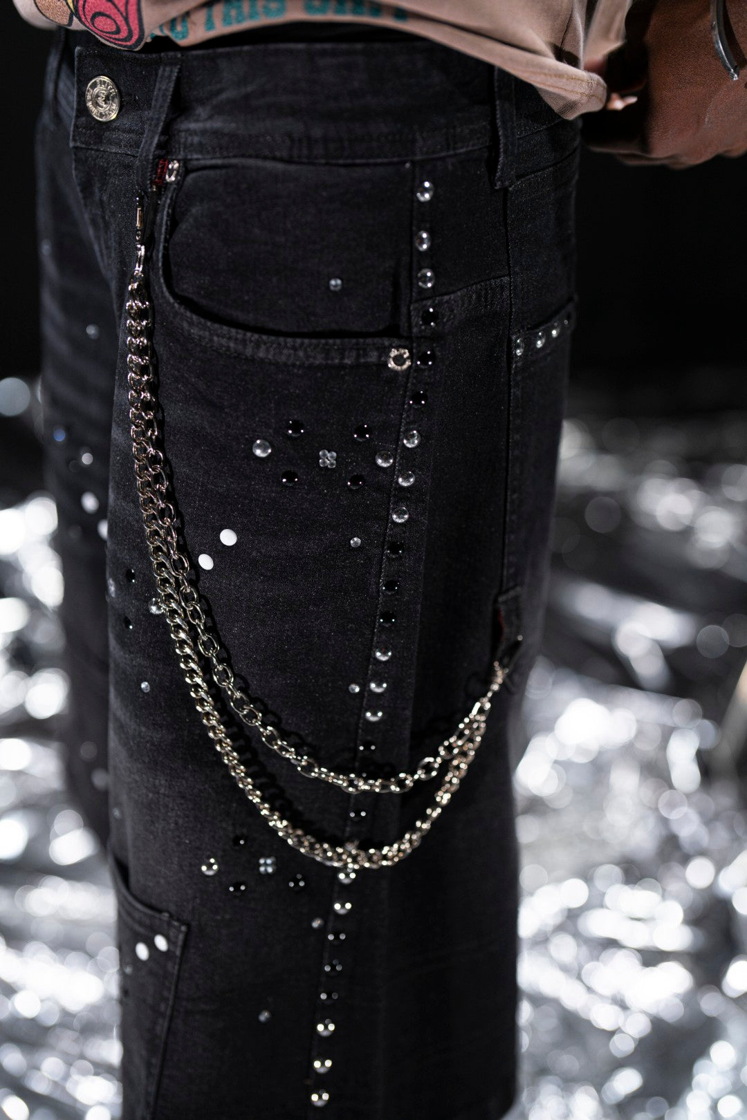 Movie Star Embellished Black Mens Denim Shorts + Chain