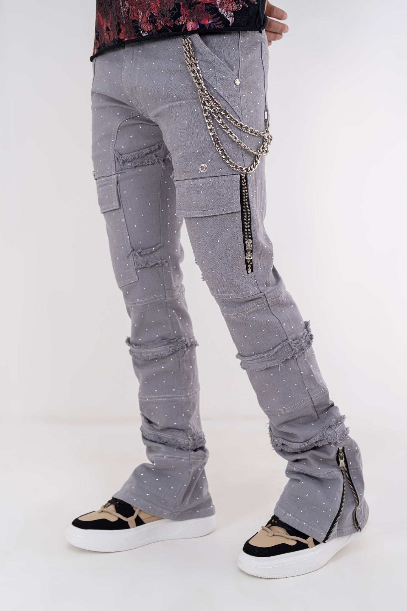 Full Stone Silver Premium Mens Stacked Jeans + Wallet Chain