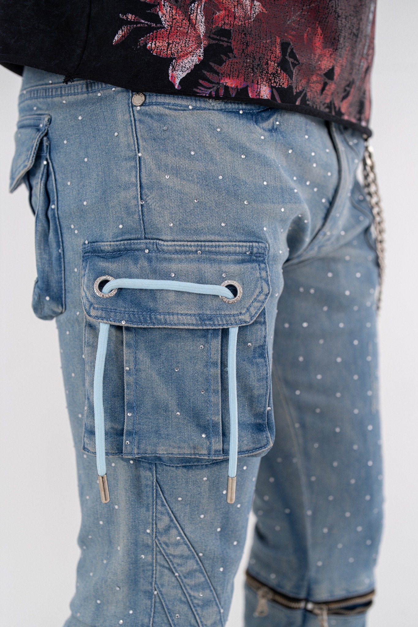Full Stone Ocean Blue Premium Mens Stacked Jeans + Wallet Chain