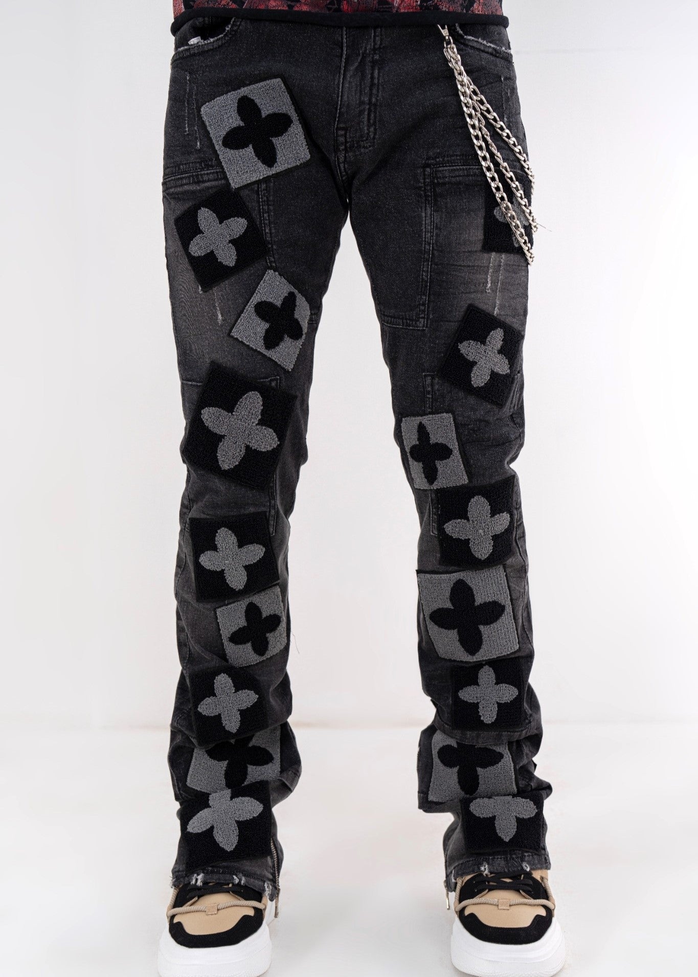 4Clover BlackPremium Mens Stacked Jeans + Wallet Chain