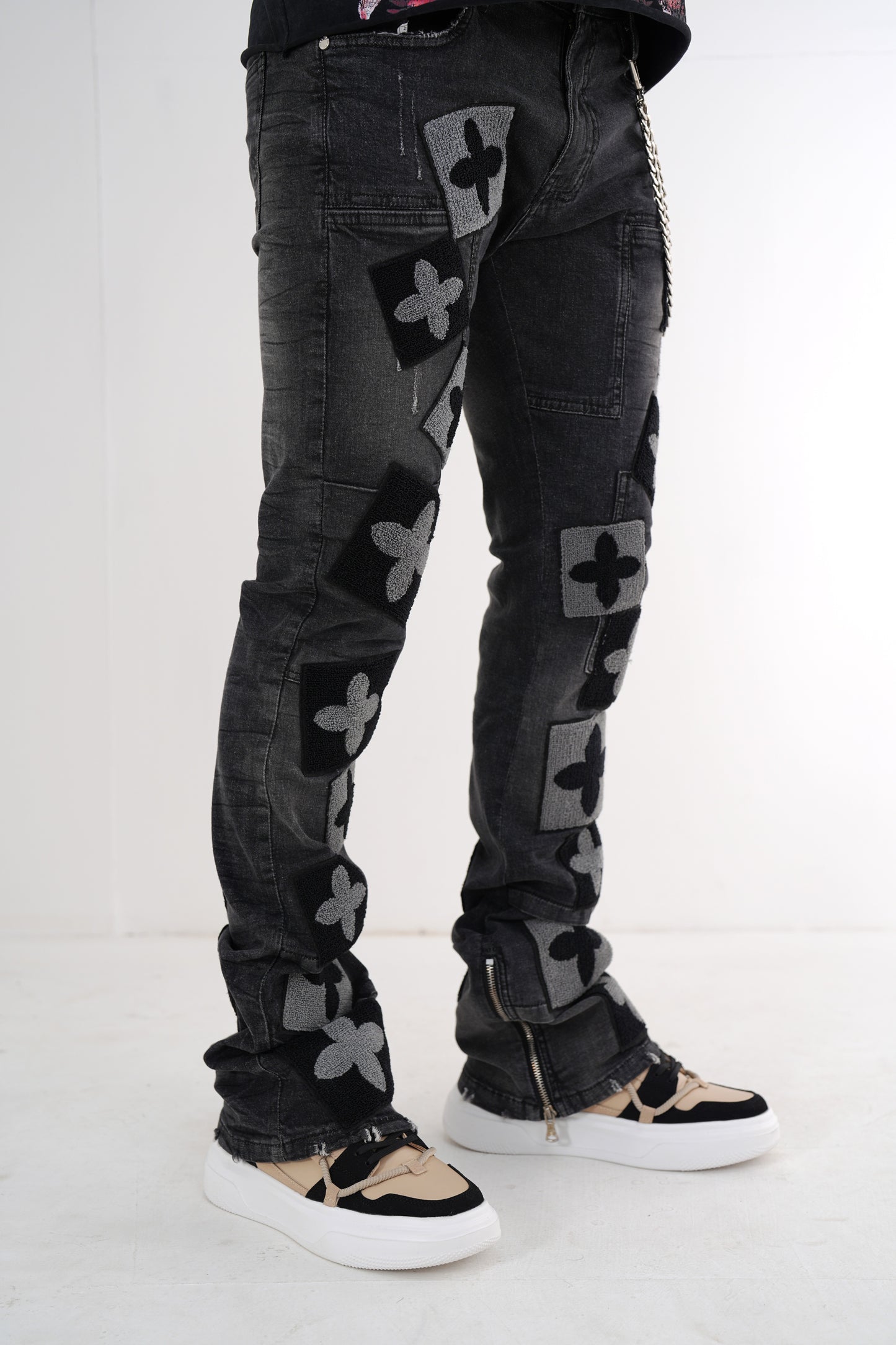 4Clover BlackPremium Mens Stacked Jeans + Wallet Chain