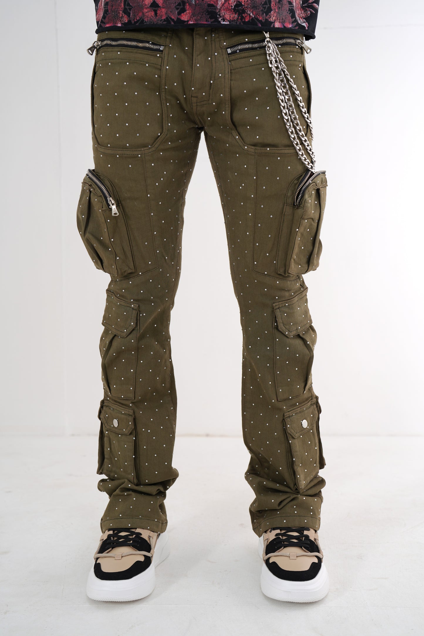 Full Stone Olive Premium Mens Stacked Jeans + Wallet Chain