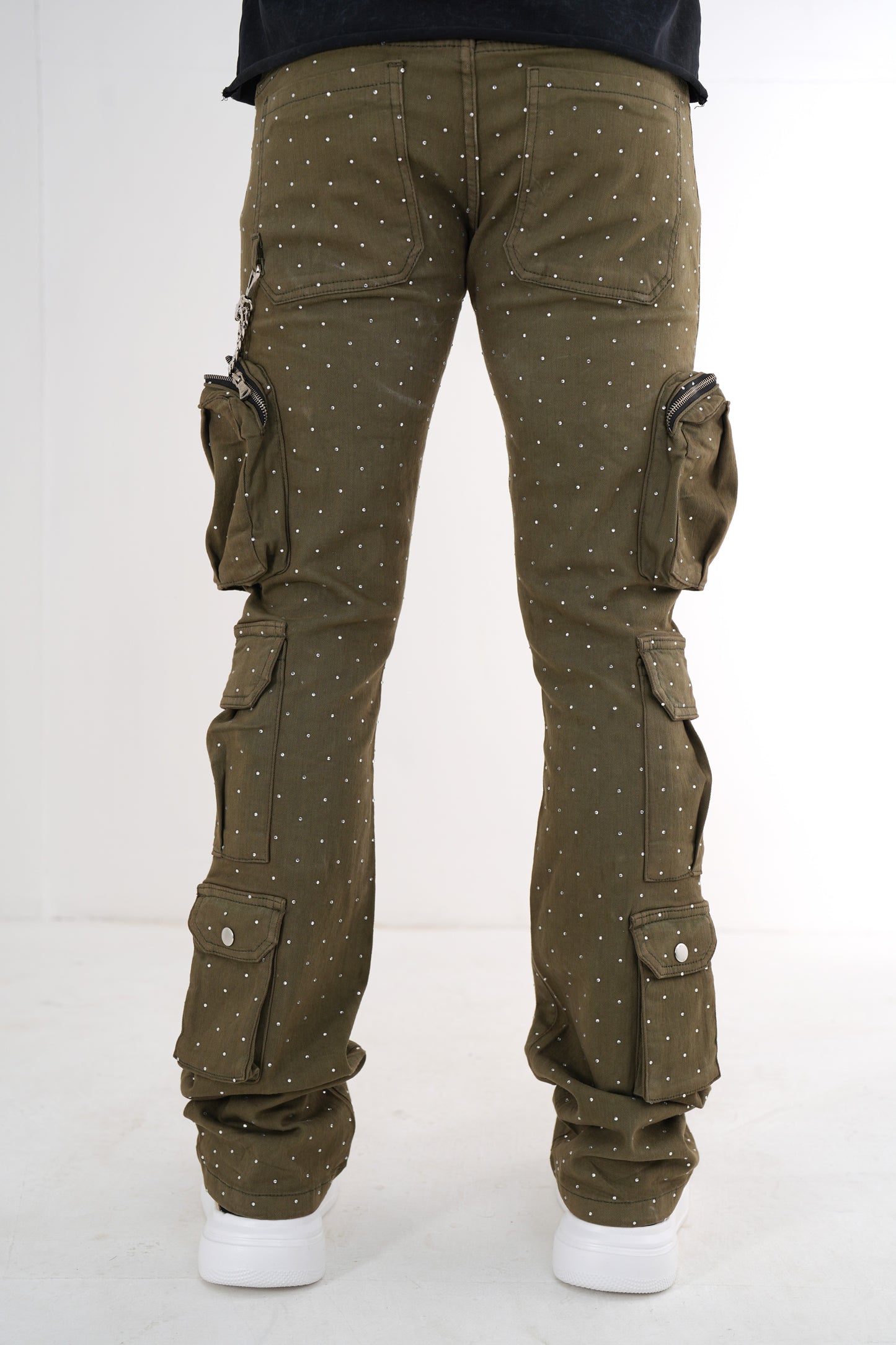 Full Stone Olive Premium Mens Stacked Jeans + Wallet Chain