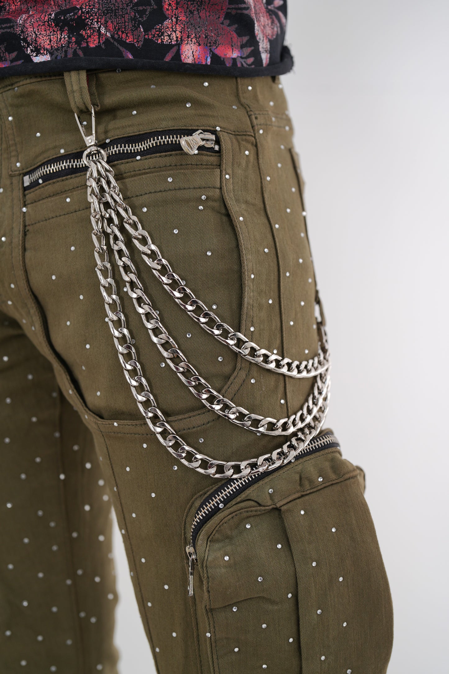 Full Stone Olive Premium Mens Stacked Jeans + Wallet Chain