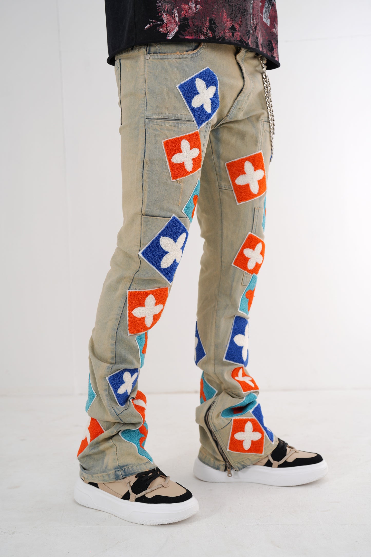 4Clover Sand Premium Mens Stacked Jeans + Wallet Chain