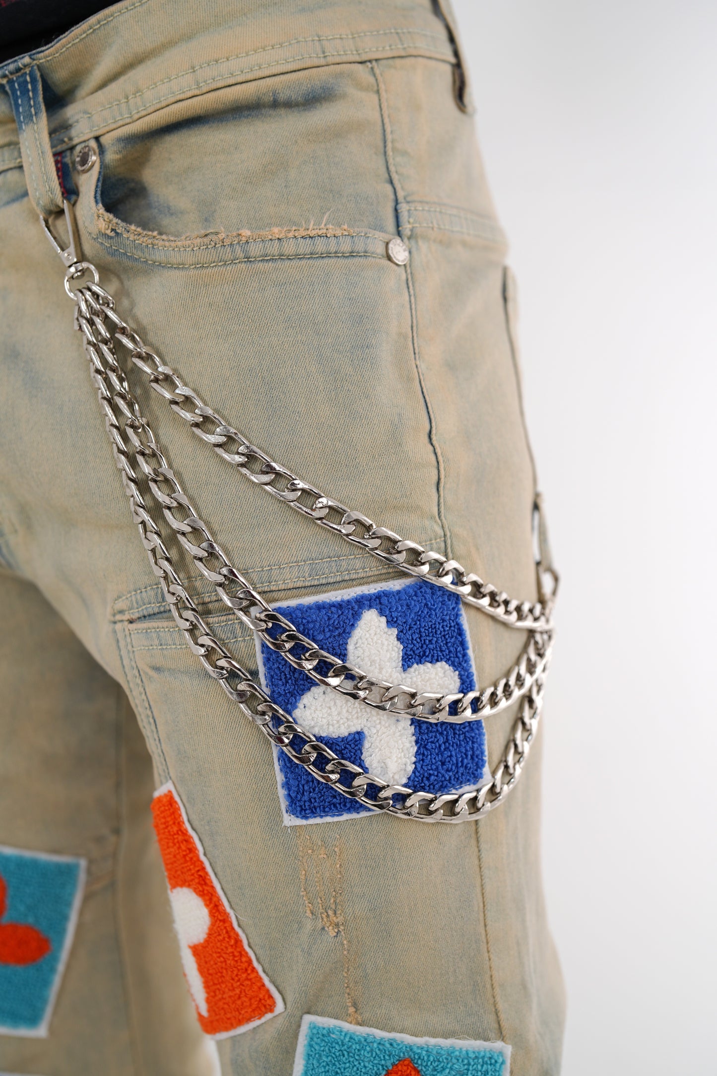 4Clover Sand Premium Mens Stacked Jeans + Wallet Chain