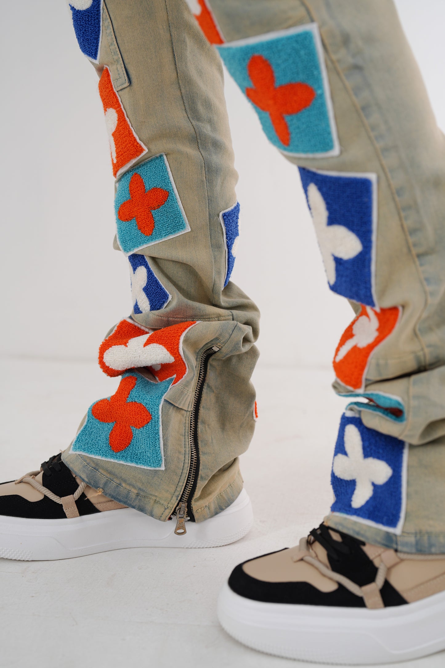 4Clover Sand Premium Mens Stacked Jeans + Wallet Chain