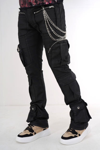 Black Wax Premium Mens Stacked Jeans + Wallet Chain
