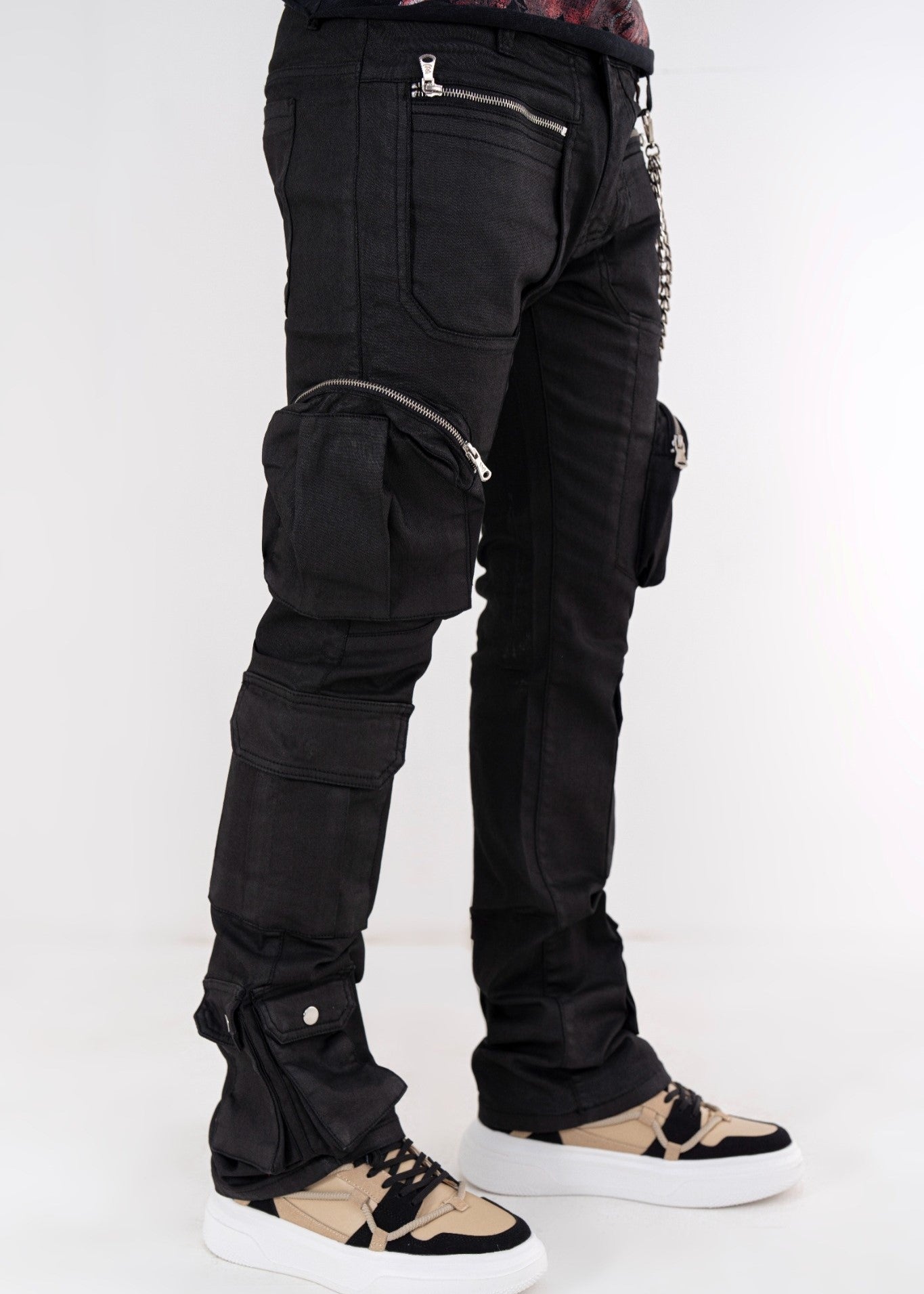 Black Wax Premium Mens Stacked Jeans + Wallet Chain