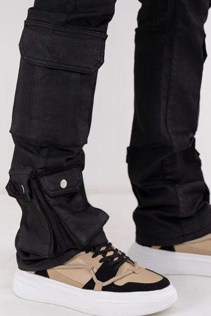 Black Wax Premium Mens Stacked Jeans + Wallet Chain