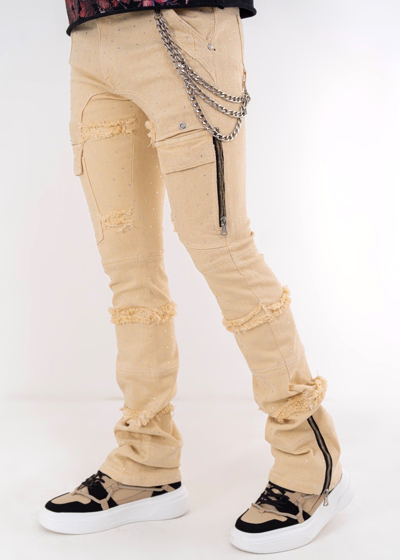 Full Stone Cream Premium Mens Stacked Jeans + Wallet Chain
